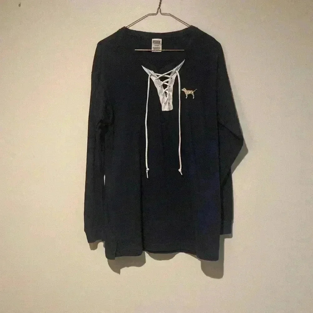 PINK Victoria’s Secret long sleeve top. Navy blue, tie front, women’s medium